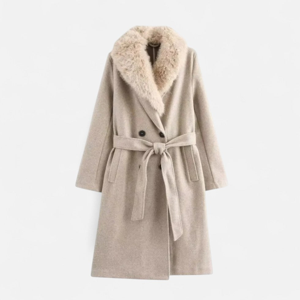 Women’s Belted Wool Coat with Faux Fur Collar